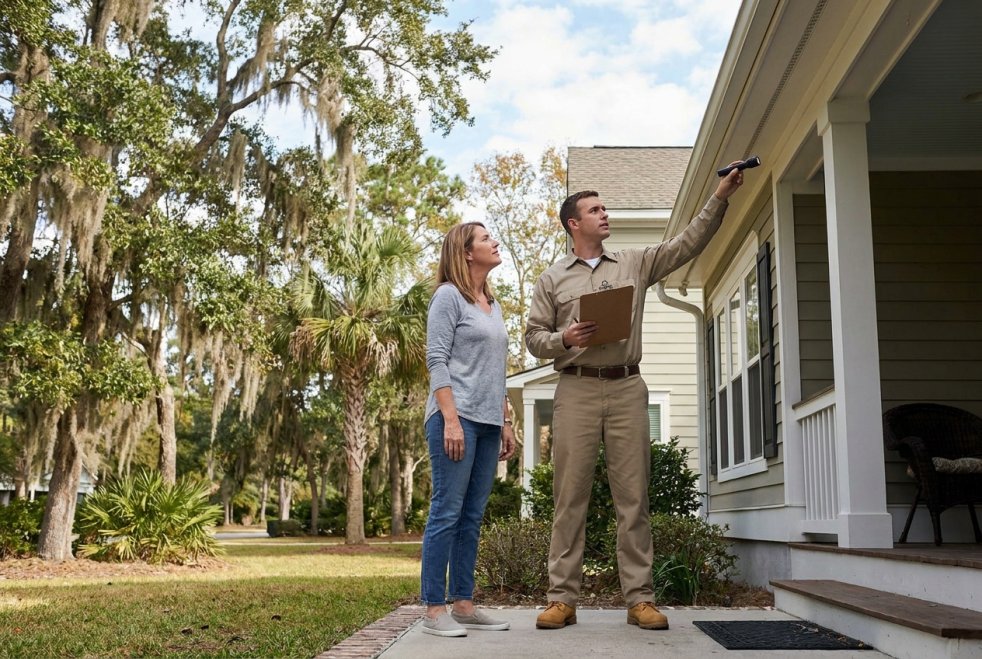 Pest control inspector and homeowner inspecting a house exterior in South Carolina