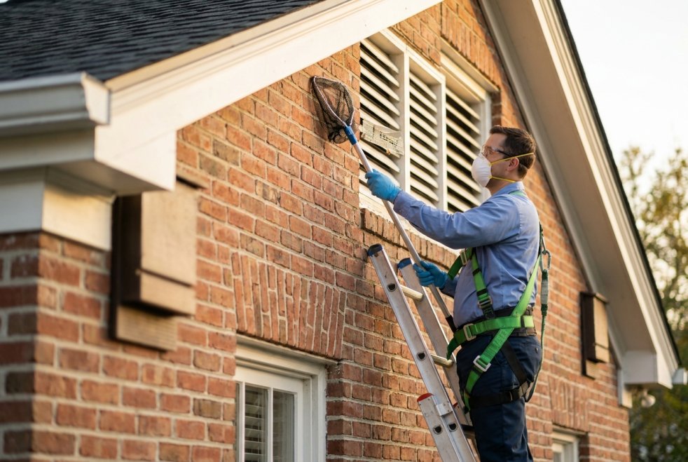 Pest control technician removing bats from a brick home exterior